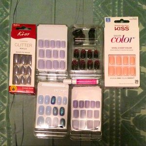 Lot of 6 Kiss Glue on Nail Sets Purple Peach Blue Glitter Gel Fantasy
